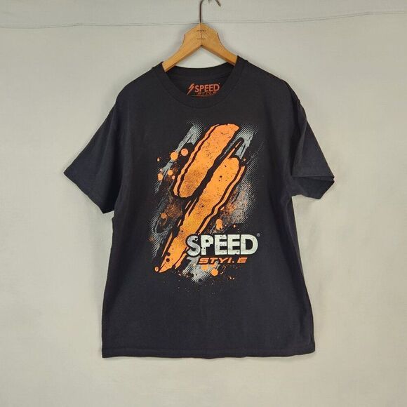 Mens Speed Style Graphic Tee Black Orange Size Large Racing Trucks Motorsports - Picture 1 of 5